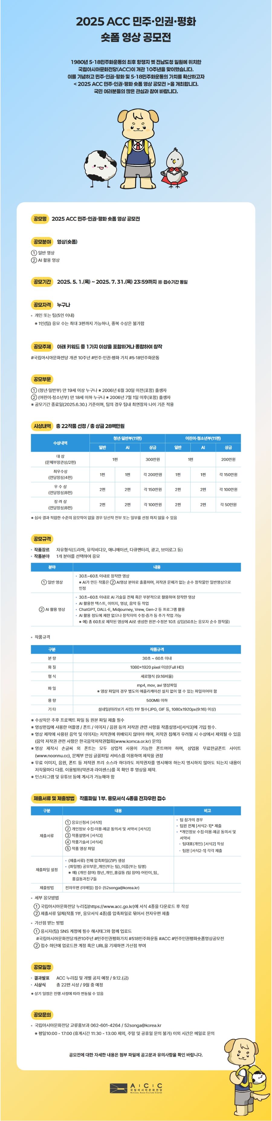 

2025 ACC 민주·인권·평화
숏폼 영상 공모전

1980년 5·18민주화운동이 최후 항쟁지 옛 전남도청 일원에 위치한
국립아시아문화전당(ACC)이 개관 10주년을 맞이했습니다.
이를 기념하고 민주·인권·평화 및 5·18민주화운동의 가치를 확산하고자
<2025 ACC 민주·인권·평화 숏폼 영상 공모전>을 개최합니다.
국민 여러분들의 많은 관심과 참여 바랍니다.

[공모명]
2025 ACC 민주·인권·평화 숏폼 영상 공모전

[공모분야] 영상(숏폼)
① 일반 영상
② AI 활용 영상

[공모기간]
2025.5.1.(목) ~ 2025.7.31.(목) 23:59까지 ※ 접수기간 동일

[공모자격] 
누구나
개인 또는 팀(5인 이내)
※ 1인(팀) 응모 수는 최대 3편까지 가능하나, 중복 수상은 불가함

[공모주제]
아래 키워드 중 1가지 이상을 포함하거나 종합하여 창작
#민주·인권·평화 가치 #5·18민주화운동 #국립아시아문화전당 개관 10주년

[공모부문]
① (청년·일반부) 만 19세 이상 누구나 * 2006년 6월 30일 이전(포함) 출생자
② (어린이·청소년부) 만 18세 이하 누구나 * 2006년 7월 1일 이후(포함) 출생자
※ 공모기간 종료일(2025.6.30.) 기준이며, 팀의 경우 팀내 최연장자 나이 기준 적용

[시상내역] 총 22작품 선정 / 총 상금 28백만원

청년·일반부(11편)
대상(문체부장관상) - 일반&AI 1편, 상금 300만원
최우수상(전당장상) - 일반 1편 / AI 1편, 각 200만원
우수상(전당장상) - 일반 2편 / AI 2편, 각 150만원
장려상(전당장상) - 일반 2편 / AI 2편, 각 100만원

어린이·청소년부(11편)
대상(문체부장관상) - 일반&AI 1편, 상금 200만원
최우수상(전당장상) - 일반 1편 / AI 1편, 각 150만원
우수상(전당장상) - 일반 2편 / AI 2편, 각 100만원
장려상(전당장상) - 일반 2편 / AI 2편, 각 50만원

* 심사 결과 적합한 수준의 응모작이 없을 경우 당선작 전부 또는 일부를 선정 하지 않을 수 있음

[공모규격]
- 작품장르 : 자유형식(드라마, 뮤직비디오, 애니메이션, 다큐멘터리, 광고, 브이로그 등)
- 작품분야 :  1개 분야를 선택하여 응모

① 일반 영상 : 30초~60초 이내로 창작한 영상
※ AI가 만든 작품은 ② AI영상 분야로 출품하며, 저작권 문제가 없는 순수 창작물만 일반영상으로 인정

② AI 활용 영상
- 30초~60초 이내로 AI 기술을 전체 혹은 부분적으로 활용하여 창작한 영상
- AI 활용한 텍스트, 이미지, 영상, 음악 등 작업
- ChatGPT, DALL-E, Midjourney, Vrew, Gen-2 등 프로그램 활용
- AI 활용 정도에 제한 없으나 창작자의 수정·증가 등 추가 작업 가능
※ 예) 총 60초로 제작된 영상에 AI로 생성한 원본·수정본 10초 삽입(50초는 응모자 순수 창작물)

- 작품규격
분량 : 30초 ~ 60초 이내

화질: 1080×1920 pixel 이상(Full HD)

형식 : 세로형식 (9:16비율)

파일 : mp4, mov, avi 영상파일
※ 영상 파일의 경우 별도의 애플리케이션 설치 없이 열 수 있는 파일이어야 함

용량 : 500MB 이하

기타 : 섬네일(미리보기 사진) 1부 필수(JPG, GIF 등, 1080×1920px(9:16) 이상)

※ 수상작은 추후 프로젝트 파일 등 원본 파일 제출 필수
※ 영상편집에 사용한 어플명 / 폰트/ 이미지 / 음원 등의 저작권 관련 사항을 작품설명서[서식3]에 기입 필수.
※ 영상 제작에 사용된 음악 및 이미지는 저작권에 위배되지 않아야 하며, 저작권 침해가 우려될 시 수상에서 제외될 수 있음
   (음악 저작권 관련 사항은 한국음악저작권협회(www.komca.or.kr) 문의)
※ 영상 제작시 손글씨 외 폰트는 모두 상업적 사용이 가능한 폰트여야 하며, 상업용 무료 한글 폰트 사이트(www.noonnu.cc), 
   문체부 안심 글꼴파일 서비스를 이용하여 제작을 권장
※ 무료 이미지, 음원, 폰트 등 저작권 프리 소스라 하더라도 저작권자를 명시해야 하는지 명시하지 않아도 되는지 내용이 
    저작물마다 다름. 이용범위(약관과 라이센스)를 꼭 확인 후 영상을 제작.
※ 인스타그램 및 유튜브 등에 게시가 가능해야 함

[제출서류 및 제출방법]
작품파일 1부. 응모서식 4종을 전자우편 접수

- 제출서류
① 응모신청서 [서식1]
② 개인정보 수집·이용·제공 동의서 및 서약서 [서식2]
③ 작품설명서 [서식3]
④ 작품기술서 [서식4]
⑤ 작품 영상 파일

· 팀 참가의 경우, 팀원 전체 [서식2-1]* 제출
 *개인정보 수집·이용·제공 동의서 및 서약서
- 팀대표(개인) [서식2] 작성
- 팀원 [서식2-1] 각각 제출

- 제출파일 설정
  (제출서류) 전체 압축파일(ZIP) 생성
  (파일명) 공모부문_개인(또는 팀)_이름(또는 팀명)
※ 예) (개인 참여) 청년_개인_홍길동 / (팀 참여) 어린이_팀_홍길동과친구들

- 제출방법
전자우편 (이메일) 접수 (52songa@korea.kr)

• 세부 응모방법
① 국립아시아문화전당 누리집(https://www.acc.go.kr)에 서식 4종을 다운로드 후 작성
② 제출서류 일체(작품 1부, 응모서식 4종)를 압축파일로 묶어서 전자우편 제출

• 가산점 받는 방법
① 응시자(팀) SNS 계정에 필수 해시태그와 함께 업로드
#국립아시아문화전당개관10주년 #민주인권평화가치 #518민주화운동 #ACC #민주인권평화숏폼영상공모전
② 접수 하단에 업로드한 계정 혹은 URL을 기재하면 가산점 부여

[공모일정]
- 결과발표 : ACC 누리집 및 개별 공지 예정 / 9.12.(금)
- 시상식 : 총 22편 시상 / 9월 중 예정
※ 상기 일정은 진행 사정에 따라 변동될 수 있음

[공모문의]
국립아시아문화전당 교류홍보과 062-601-4264 / 52songa@korea.kr
* 평일10:00 - 17:00 (휴게시간 11:30-13:00 제외, 주말 및 공휴일 문의 불가) 이외 시간은 메일로 문의

공모전에 대한 자세한 내용은 공고문과 유의사항을 확인 바랍니다.


